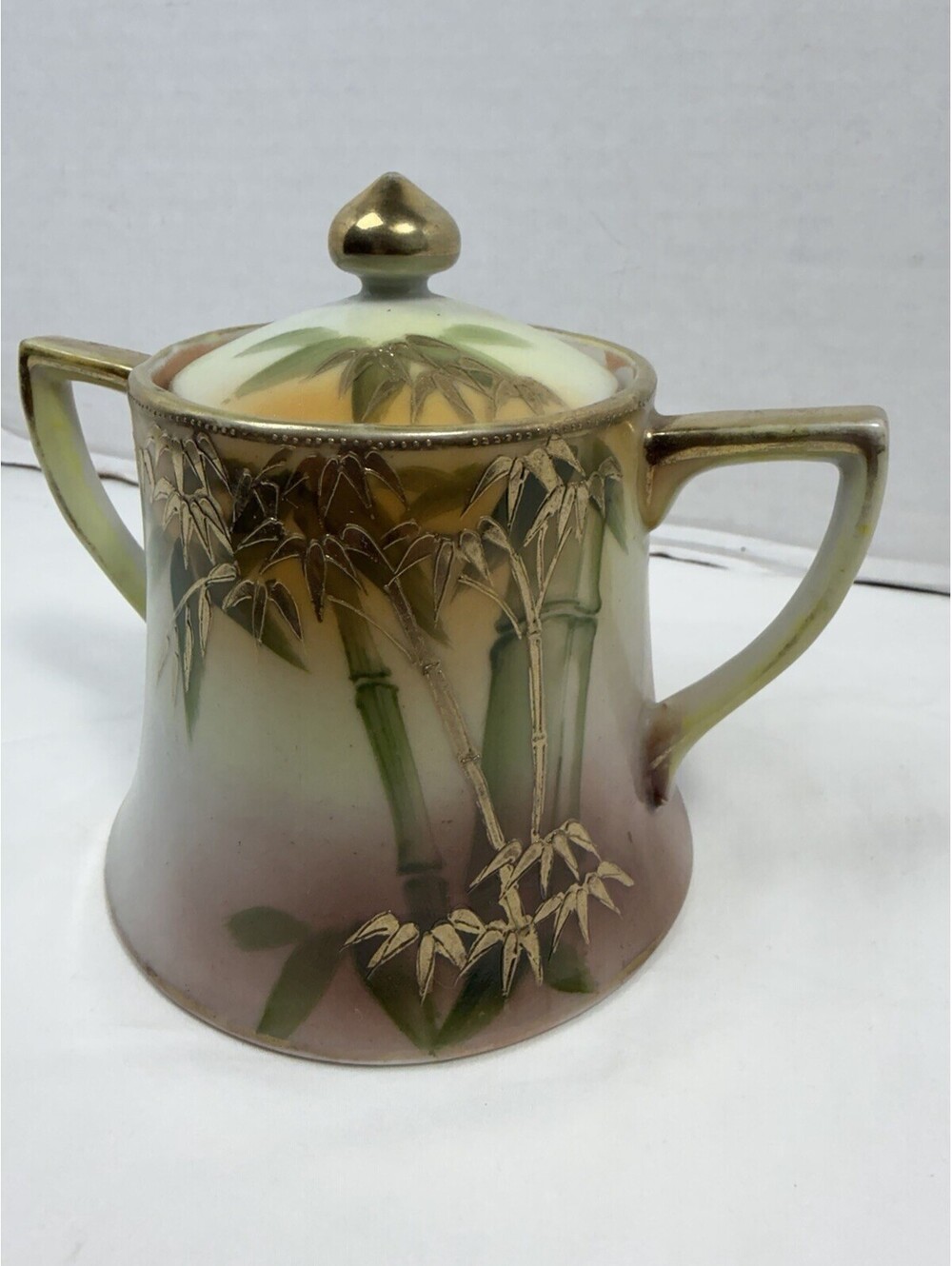 Antique T.S. Nippon Hand-Painted Bamboo Porcelain Covered Sugar Bowl Japan